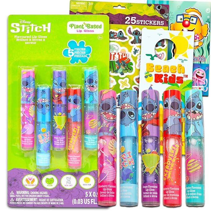 Stitch Lip Gloss Bundle for Girls – 5 Pack of Stitch Glosses for Lips in Assorted Flavors Plus Stickers, More | Stitch Party Favors for Kids