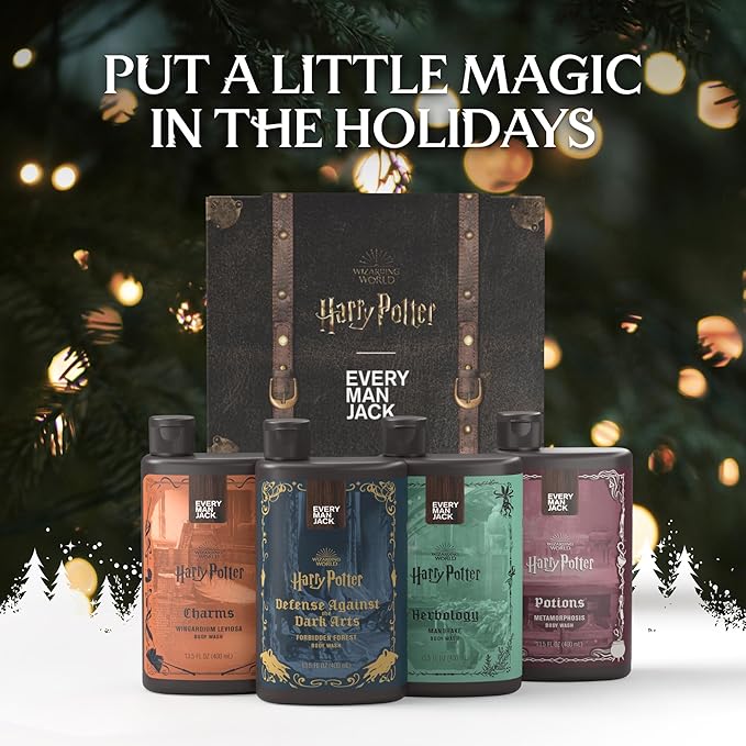 Every Man Jack Harry Potter Collectors Body Wash Gift Set - Includes 4 Body Washes with Clean Ingredients & Hogwarts Inspired Scents - Forbidden Forest, Charms, Herbology, Potions