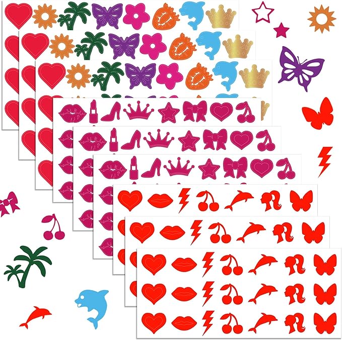 225 Pieces Tanning Stickers, Sunbathing Tattoo Body Sticker Self Adhesive for Indoor Tanning Beds, 15+ Styles Heart Butterfly Lips Strawberries Shaped