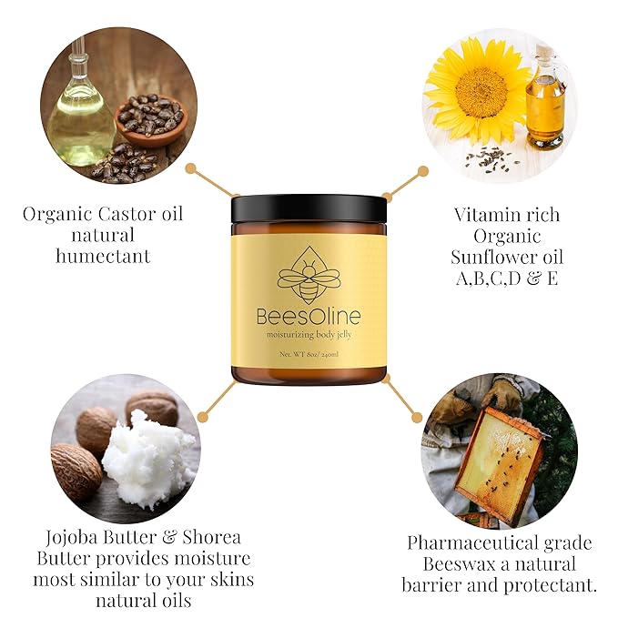 BeesOline Multi-Purpose Natural & Organic Moisturizer-PETROLEUM FREE, Soothes dry cracked itchy skin, protectant beeswax, promotes healing, reduces stretch marks, tattoo aftercare,1-8oz jar
