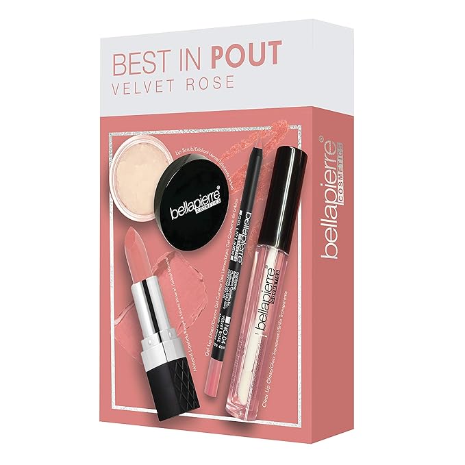 bellapierre Best in Pout Kit | Lip Scrub, Mineral Lipstick, Gel Lip Liner & Clear Lip Gloss | Non-Toxic and Paraben Free | Oil and Cruelty Free - Velvet Rose