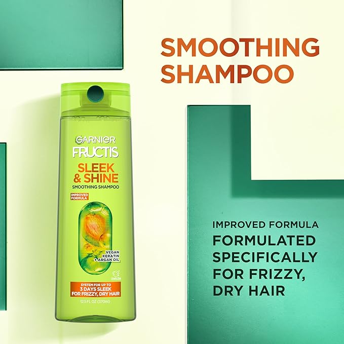 Garnier Fructis Sleek & Shine Shampoo, Conditioner + Anti-Frizz Serum Set for Frizzy, Dry Hair, Argan Oil (3 Items), 1 Kit (Packaging May Vary)