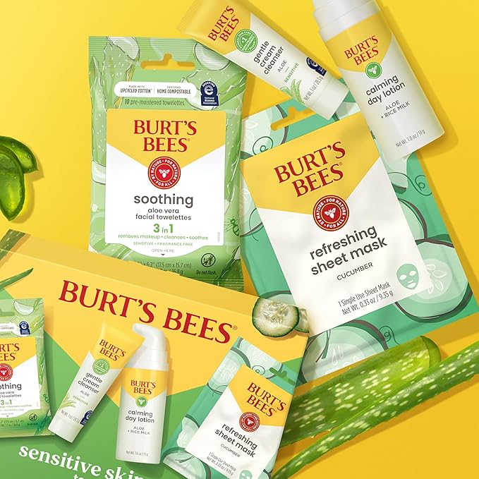 Burt's Bees Gentle Skin Care To-Go Set, Includes Cleanser, Towelettes, Lotion and Sheet Mask, Travel Size Facial Skin Care Products for Sensitive Skin, Natural Origin, 1 Gift Set