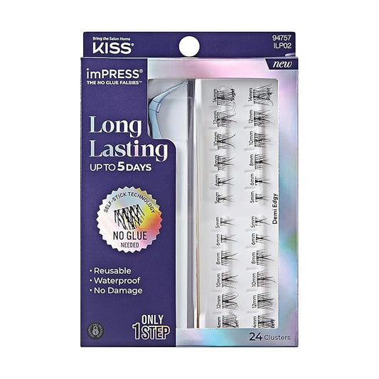 KISS imPRESS Falsies Long Lasting Self Adhesive Eyelashes, ‘Demi Edgy’, 5 Day Extended Wear, 24 Natural Volume Lash Clusters (5,6,8,10,12, & 14mm), Precision Non-Stick Applicator