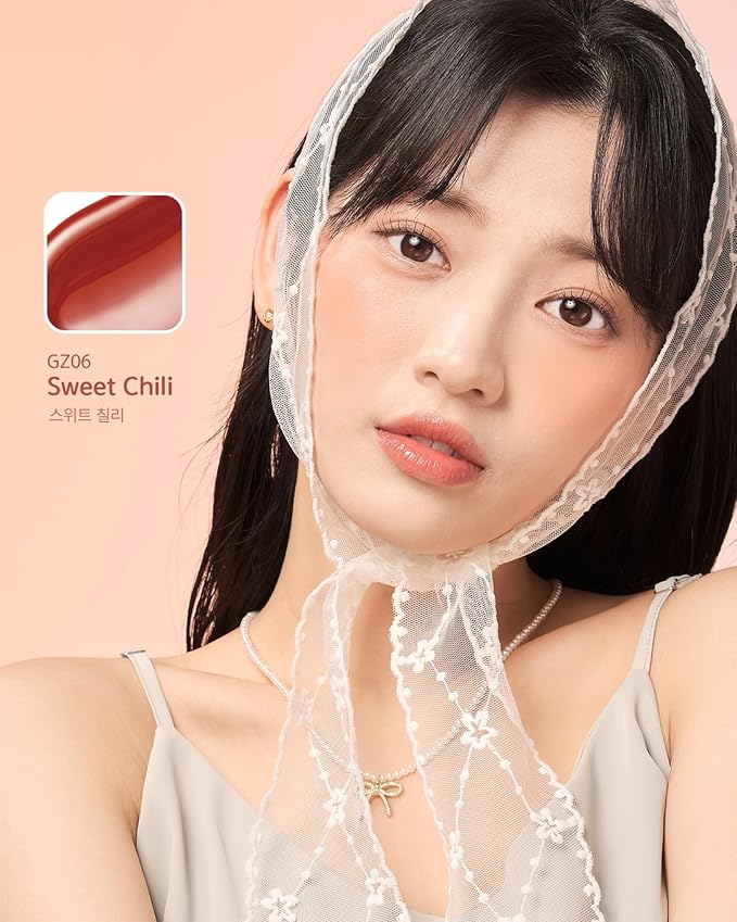 Chewy Lip Glaze, High Shine Lip Gloss, Korean Beauty (GZ06 Sweet Chili, 3.5 grams)
