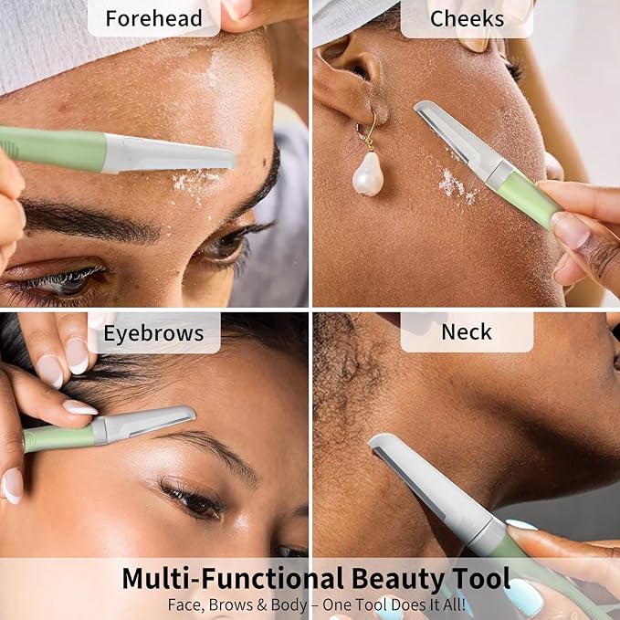 Face Razors for Women, Dermaplane Razor for Women Face, Eyebrow Razor, Facial Razors, Dermaplaning Tool, Reusable Metal Handle with 4 Microblades for Sensitive Skin, Peach Fuzz Remover, Green