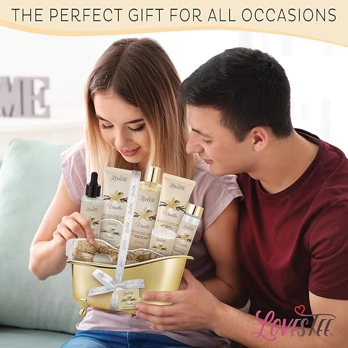Mothers Day Gifts, Spa Basket for Women, Vanilla Bath & Body Set, Christmas & Birthday Gift, Includes Shower Gel, Body Lotion, Hand Cream, Body Scrub, Message Oil, Candle, Eye Mask, Confetti