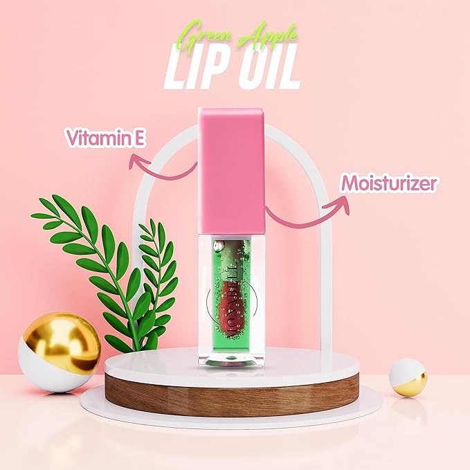 Hydrating Lip Glow Oil - Plumping Lip Oil Gloss Tinted for Lip Care and Dry Lips, Non Sticky & Fresh Texture, Shiny and Moisturizing (Green Apple)
