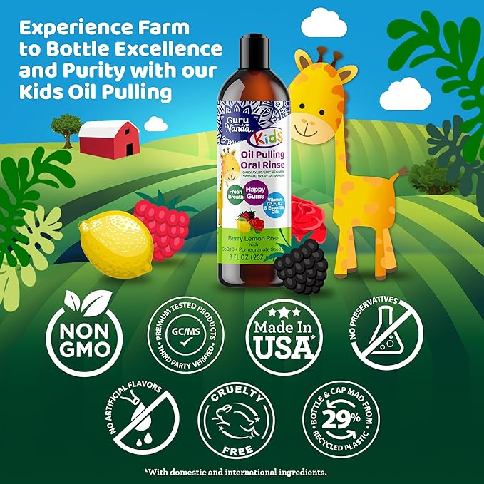 GuruNanda Kids Oil Pulling, Alcohol-Free Mouthwash, Essential Oils & Vitamins for Fresh Breath & Happy Gums for Ages 6 & up, Natural Berry Lemon Rose, 8 Oz