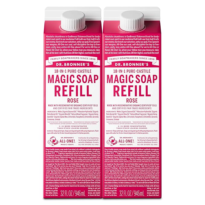 Dr. Bronner's Magic Soap-Pure-Castile Liquid Soap Refill (Rose 32 ounce, 2-Pack)-Regenerative Organic Certified Oils, For Body, Hair, Laundry, Pets & Dishes, Concentrated, Vegan, Non-GMO