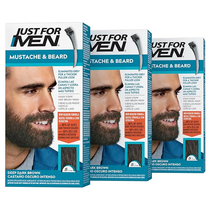 Just For Men Mustache & Beard, Beard Dye for Men with Brush, With Keratin Biotin Aloe and Coconut Oil for Healthy Facial Hair - Deep Dark Brown, M-46, Pack of 3 (Packaging May Vary)