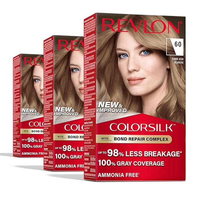 Revlon ColorSilk with Bond Repair Complex, Blonde Permanent Hair Color, 100% Gray Coverage, Ammonia Free Hair Dye, Vegan Keratin, 60 Dark Ash Blonde (Pack of 3)