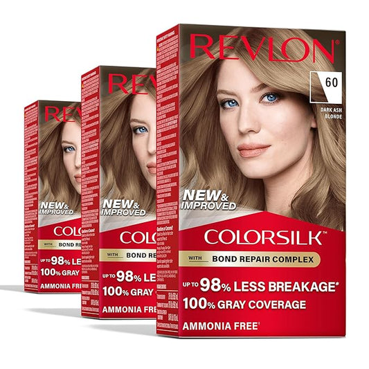 Revlon ColorSilk with Bond Repair Complex, Blonde Permanent Hair Color, 100% Gray Coverage, Ammonia Free Hair Dye, Vegan Keratin, 60 Dark Ash Blonde (Pack of 3)