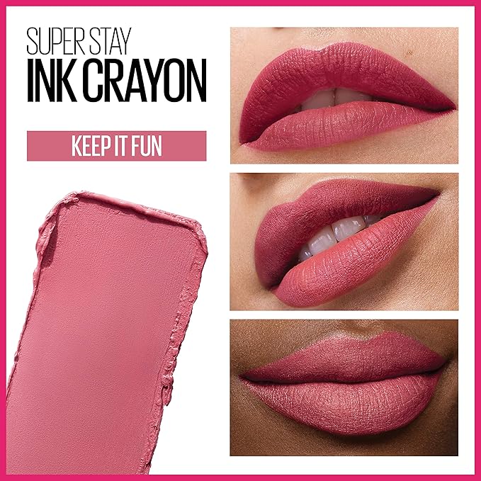 Maybelline Super Stay Ink Crayon Lipstick Makeup, Precision Tip Matte Lip Crayon with Built-in Sharpener, Longwear Up To 8Hrs, Keep It Fun, Rosey Nude Pink, 1 Count