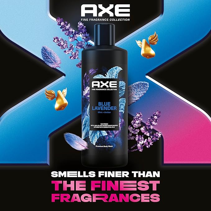 AXE Fine Fragrance Collection Body Wash For Men Blue Lavender 4 Count 12h Refreshing Scent Shower Gel Infused with Lavender, Mint, and Amber Essential Oils 18 oz