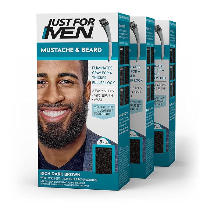 Just For Men Mustache & Beard, Beard Dye for Men with Brush Included, With Keratin Biotin Aloe and Coconut Oil for Healthy Facial Hair - Rich Dark Brown, M-47, Pack of 3 (Packaging May Vary)