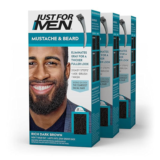 Just For Men Mustache & Beard, Beard Dye for Men with Brush Included, With Keratin Biotin Aloe and Coconut Oil for Healthy Facial Hair - Rich Dark Brown, M-47, Pack of 3 (Packaging May Vary)