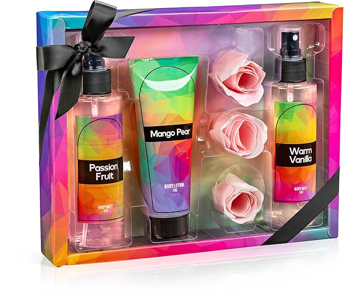 Fine Fragrance Body Mist & Body Splash Gift Set – Luxury Self-Care Combo for Women and Girls (Passion Fruit, Warm Vanilla, Mango Pear, Rose Soap) Mother’s Day Gift for Mom