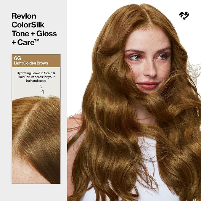 Revlon ColorSilk Tone + Gloss + Care Demi Permanent Hair Color, Dye Kit with Leave-In Scalp and Haircare Serum, 2x Shinier, 4x Stronger, 6G Light Golden Brown, 4.5 fl oz