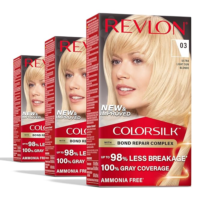 Revlon ColorSilk with Bond Repair Complex, Blonde Permanent Hair Color, 100% Gray Coverage, Ammonia Free Hair Dye, Vegan Keratin, 03 Ultra Light Sun Blonde (Pack of 3)
