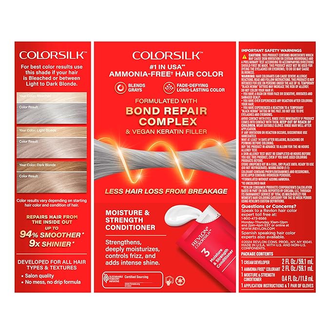 Revlon ColorSilk with Bond Repair Complex, Blonde Permanent Hair Color, 100% Gray Coverage, Ammonia Free Hair Dye, Vegan Keratin, 82B Silver Blonde (Pack of 3)