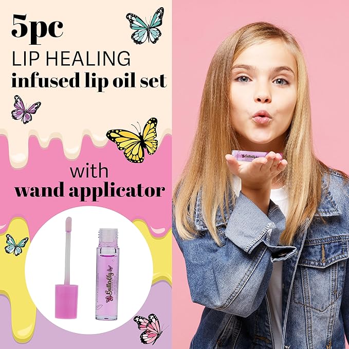 5pc Lip Oil Set - Butterfly Kisses Lip Oils, Lip Healing Lip Oil Collection with Precision Applicator Wand for Everyday Lip Care and Lip Repair (BUTTERFLY KISSES)