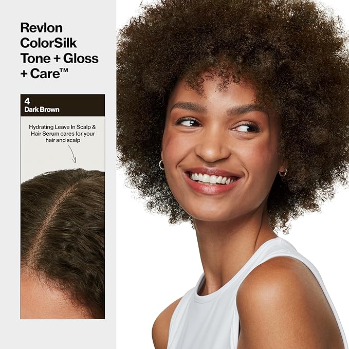 Revlon ColorSilk Tone + Gloss + Care Demi Permanent Hair Color, Dye Kit with Leave-In Scalp and Haircare Serum, 2x Shinier, 4x Stronger, 4 Dark Brown, 4.5 fl oz