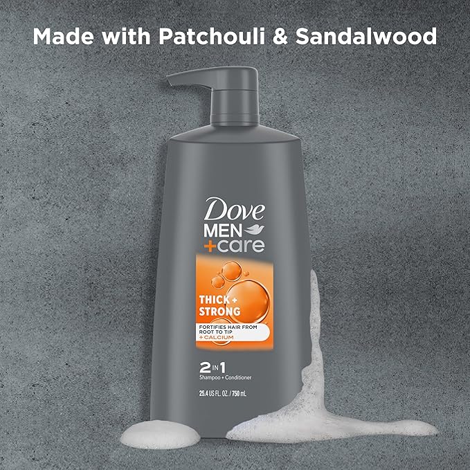 DOVE MEN+ CARE 2-in-1 Shampoo + Conditioner Thick + Strong 4 count for Fortifying Hair from Root to Tip, with Calcium, 25.4 oz