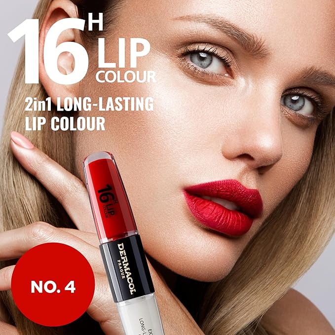 Dermacol NEW 16-Hour Lip Colour, Highly Pigmented Glossy Lip Stain, Two-Phase Lip Plumper Gloss, Kissproof Lip Makeup Products with Matte and Glitter Finish, n.4