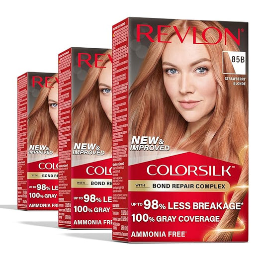 Revlon ColorSilk with Bond Repair Complex, Blonde Permanent Hair Color, 100% Gray Coverage, Ammonia Free Hair Dye, Vegan Keratin, 85B Strawberry Blonde (Pack of 3)