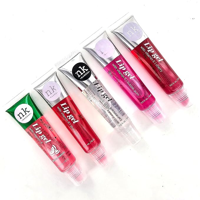 5 Pack Lip Gloss Set of Lip Gels - Clear, Watermelon, Strawberry, Cherry, and Bubble Gum Hydrating Lip Glosses with Vitamin E