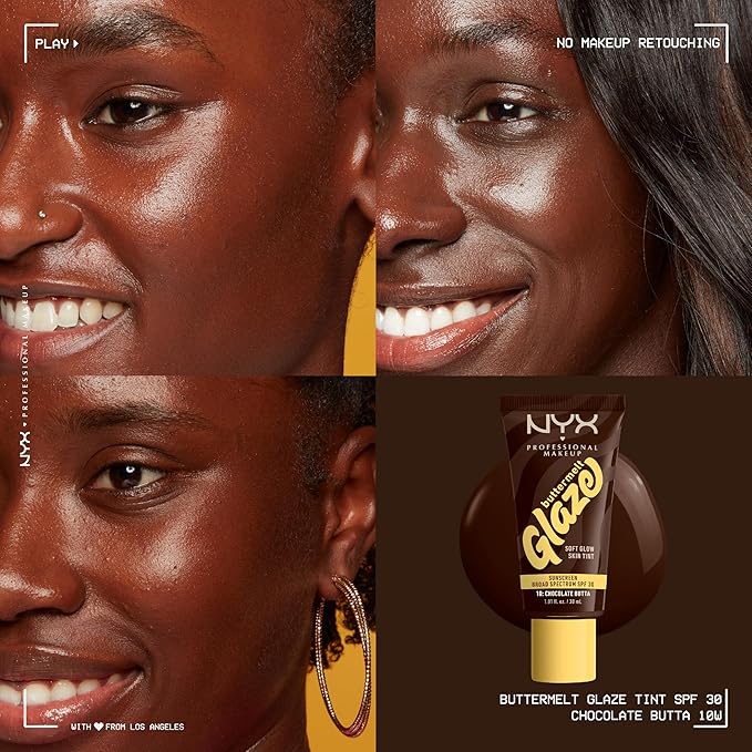 NYX PROFESSIONAL MAKEUP Buttermelt Glaze Soft Glow Skin Tint + SPF 30, Up To 12HR Wear, 10 Chocolate Butta