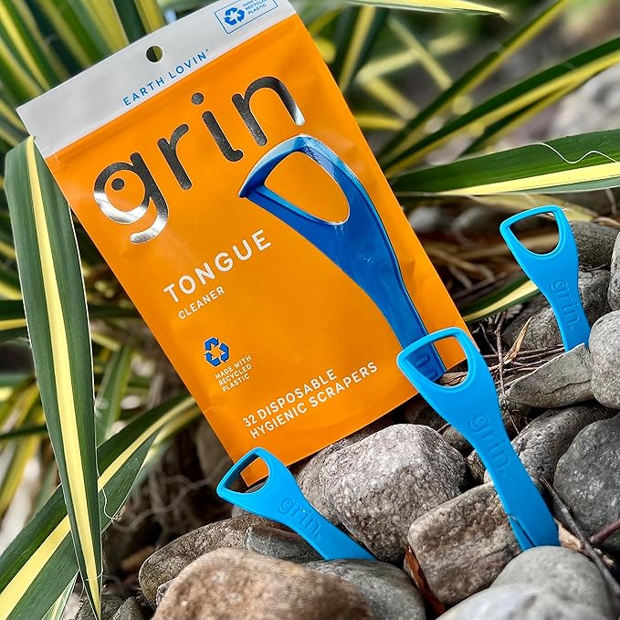 GRIN Tongue Cleaner, 32 Count, Disposable Tongue Cleaner, Hygienic Scraper, Recycled Plastic, Clean Tongue, Promote Fresh Breath, Includes Safe Fold- Back Tooth Pick (Pack of 3)