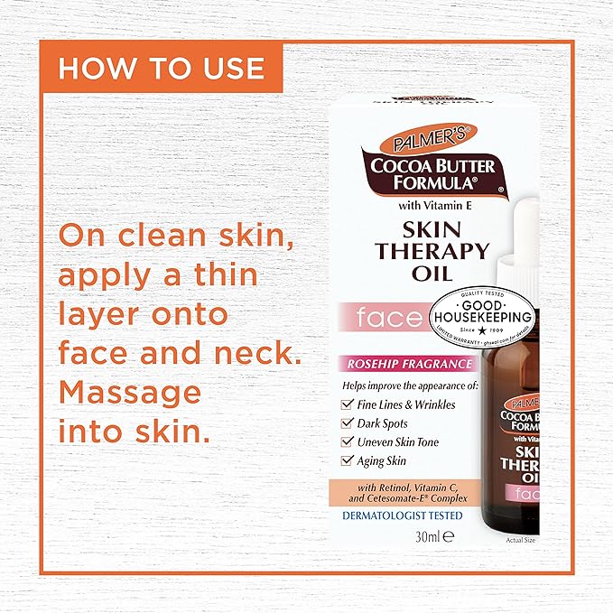 Palmer's Cocoa Butter Formula Moisturizing Skin Therapy Oil for Face with Vitamin E, C & 10 Pure Facial Oil Blend, Rosehip Fragrance, 1 Ounce