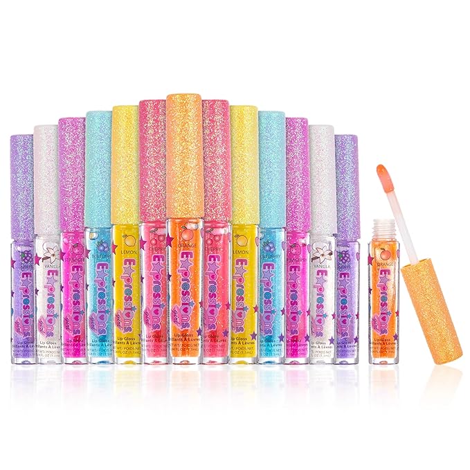 14pc Fruity Flavored Lip Gloss Set - Lip Gloss in Assorted Fruity Flavors, Non Toxic Makeup for Kids & Teens