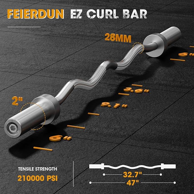 FEIERDUN Olympic Barbell EZ Curl Bar 47in/4ft/5ft/6ft/7ft for Weightlifting 2 inch 2 Spring