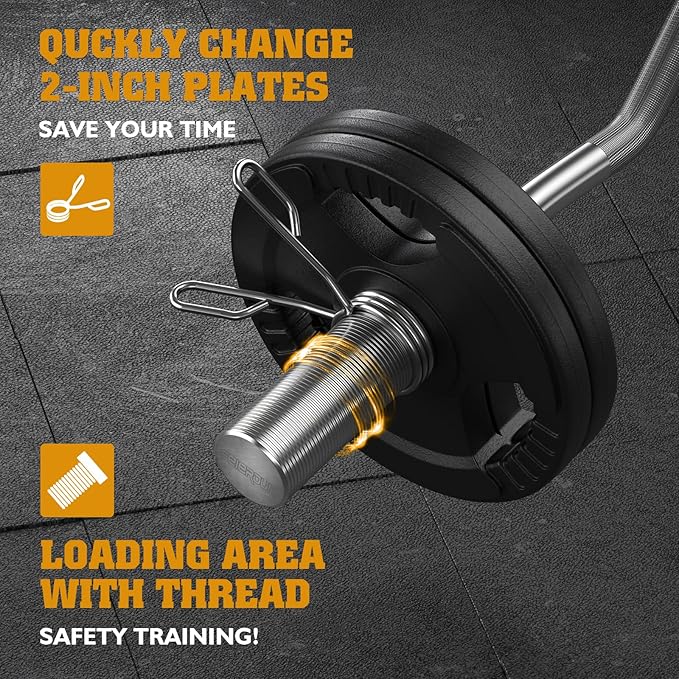 FEIERDUN Olympic EZ Curl Bar - 47" Weightlifting (390LBS Capacity), 2-Inch Weight