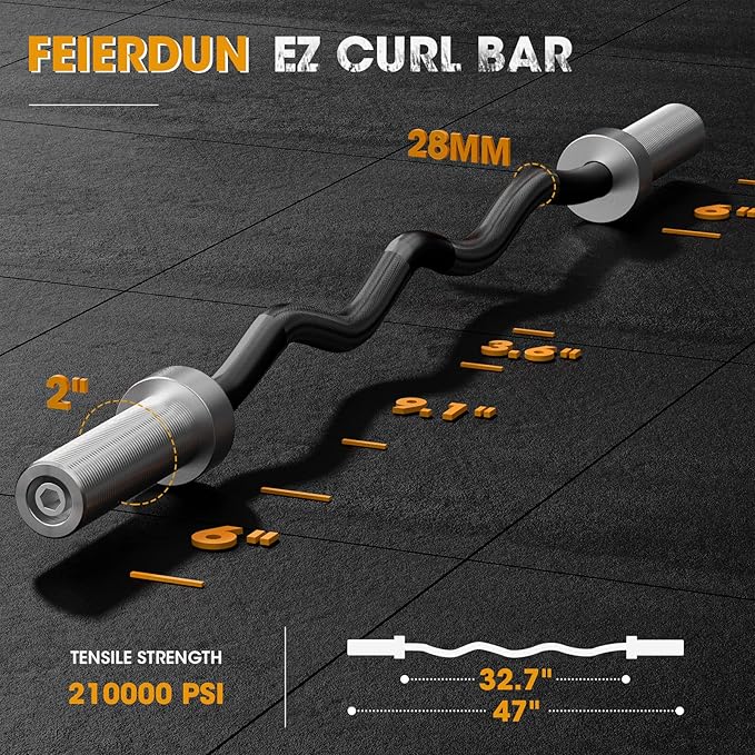 FEIERDUN Olympic EZ Curl Bar - 47" Weightlifting (390LBS Capacity), 2-Inch Weight
