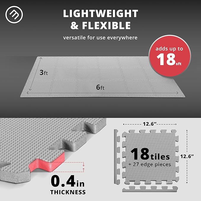 Gym Flooring Set - Interlocking EVA Soft Foam 18 Pieces