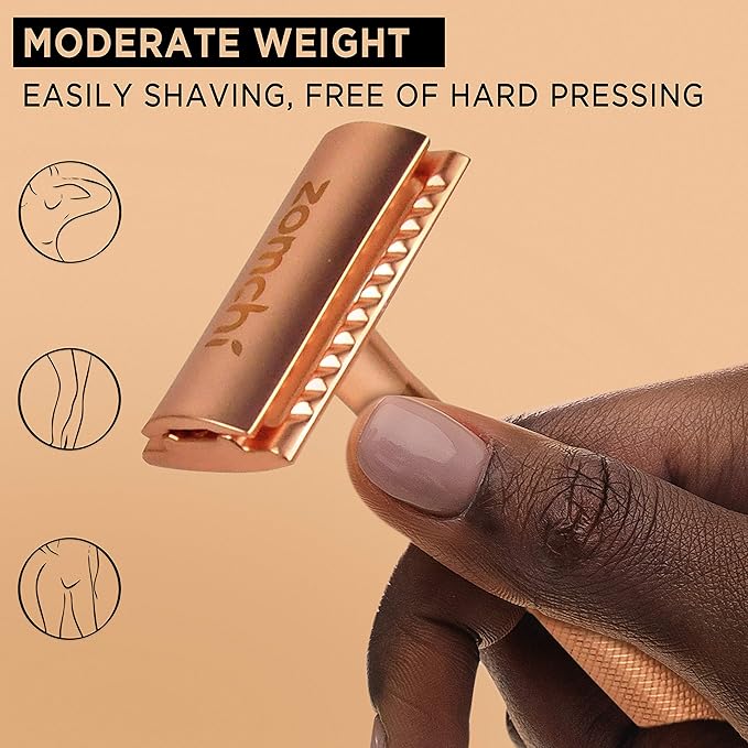 Safety Razor for Women, Men's Single Blade Razor with a Razor Stand with 10 Blades, Double Edge Razor with a Texture Handle, Metal Razor Women, Fits All Double Edge Razor Blades (Rose Gold)