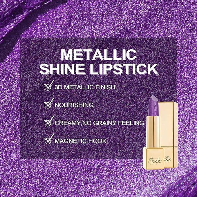 Oulac Purple Lipstick for Women with Metallic 3D Shine, Lightweight Hydrating Formula, High-Impact Lip Color, Vegan Beauty, Full Coverage Lip Makeup, Royal Sash (16)