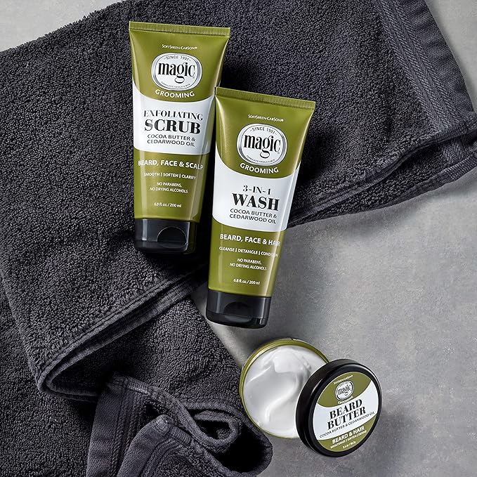 Softsheen-Carson Magic Shaving Beard Grooming Kit for Men with Cedarwood Oil, Includes Beard Butter, Scrub and Cleanser, Gift Set for Facial Hair Care,1 kit